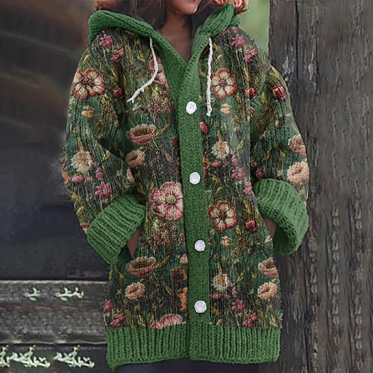 Flower Embroidery Pattern Cozy Hooded Cardigan