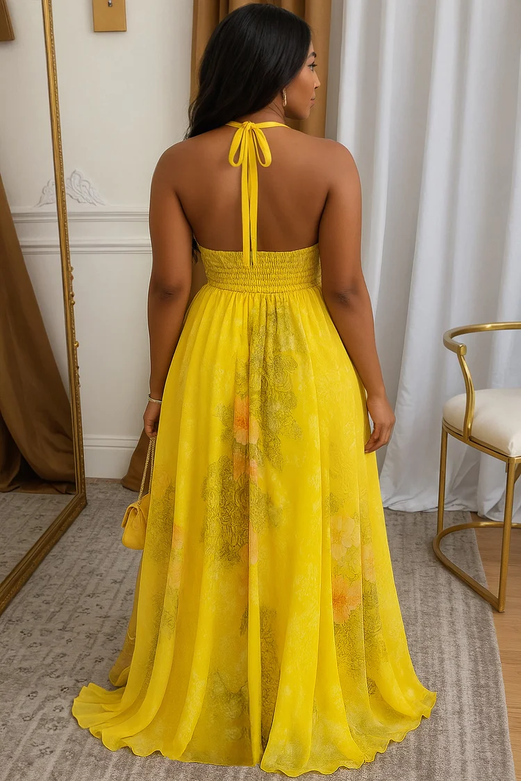 V Neck Floral Print Cinched Slit Party Maxi Dresses-Yellow