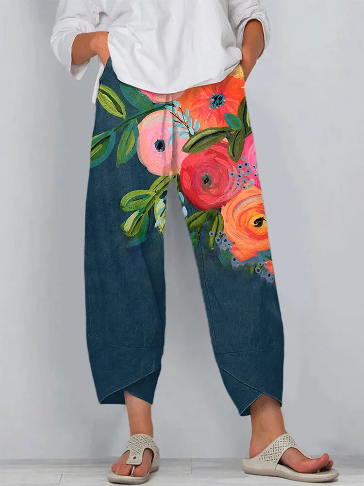 Women's Floral Art Print Cotton And Linen Casual Pants