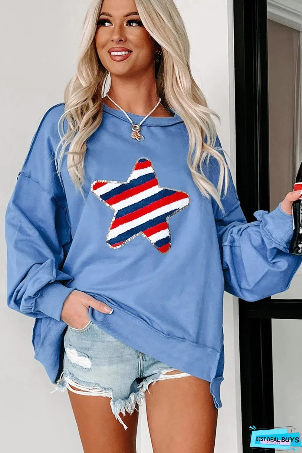 Sky Blue Sequin Trim Embroidered Star USA Pattern Sweatshirt