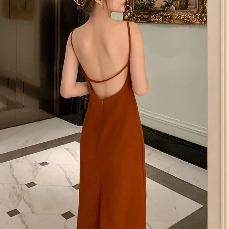 Ordifree 2022 Summer Women Backless Party Dress Sexy Spaghetti Strap Elegant Silk Satin Slip Dress