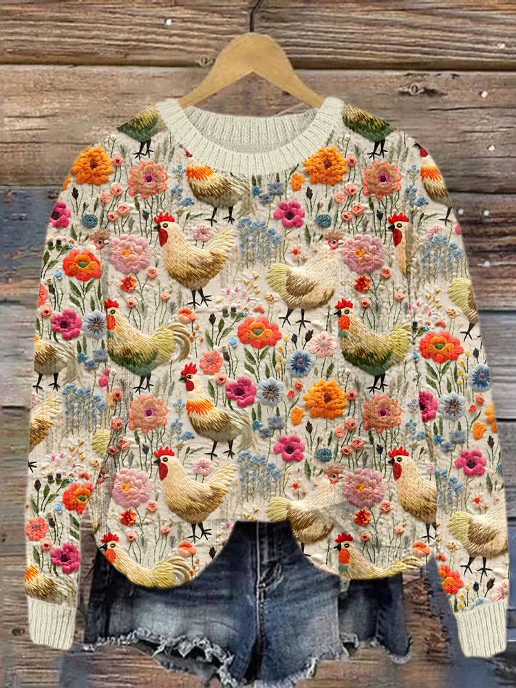 Farm Chicken & Floral Casual Cozy Knit Sweater