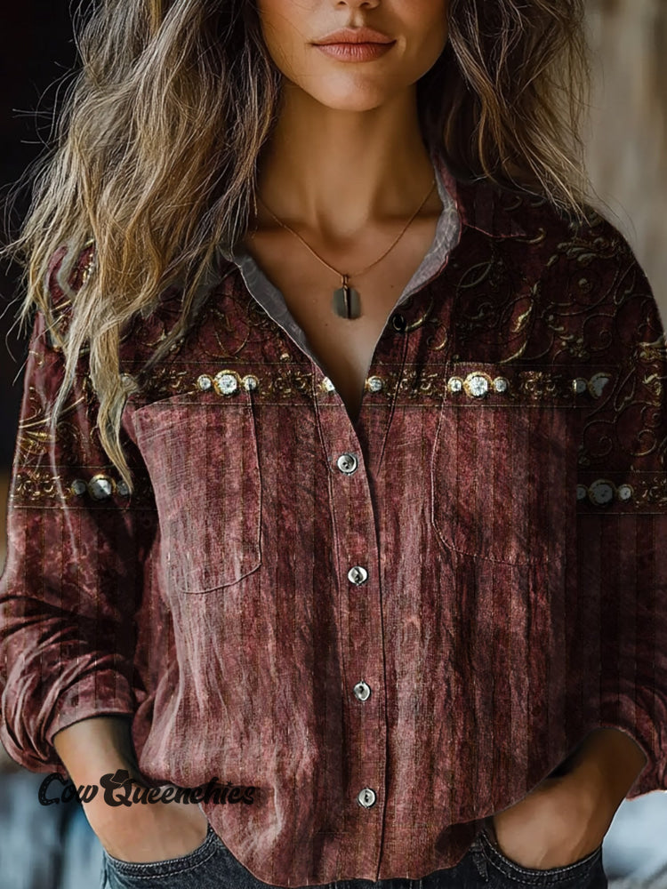 Women’s Retro Crimson Pattern Print Casual Long Sleeve Comfortable Cotton Shirt Multicolor / S