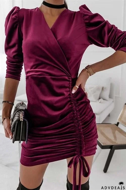 Velvet Drawstring Puff Sleeve Dress