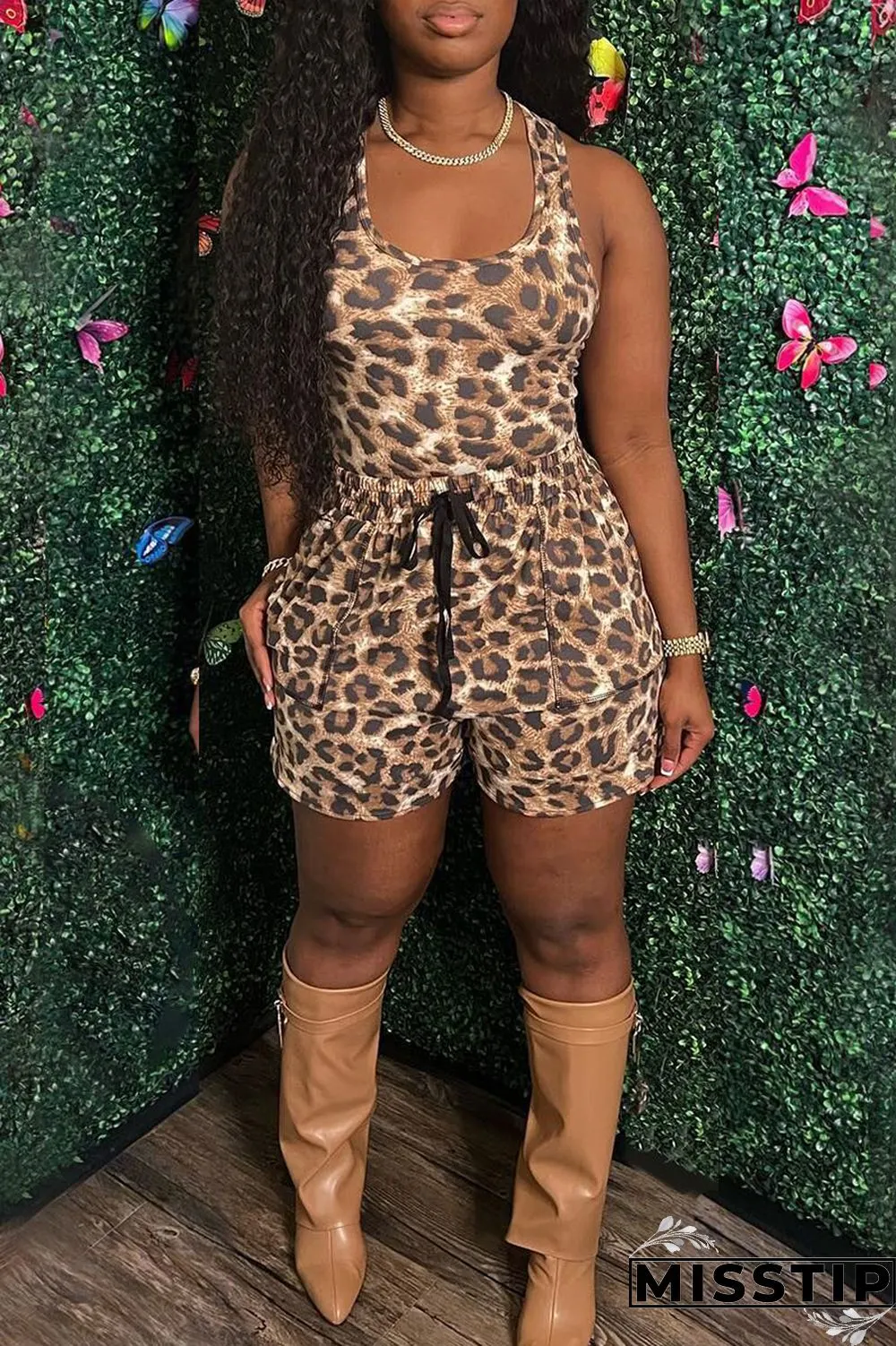 Brown Sexy Casual Print Leopard Basic U Neck Sleeveless Two Pieces