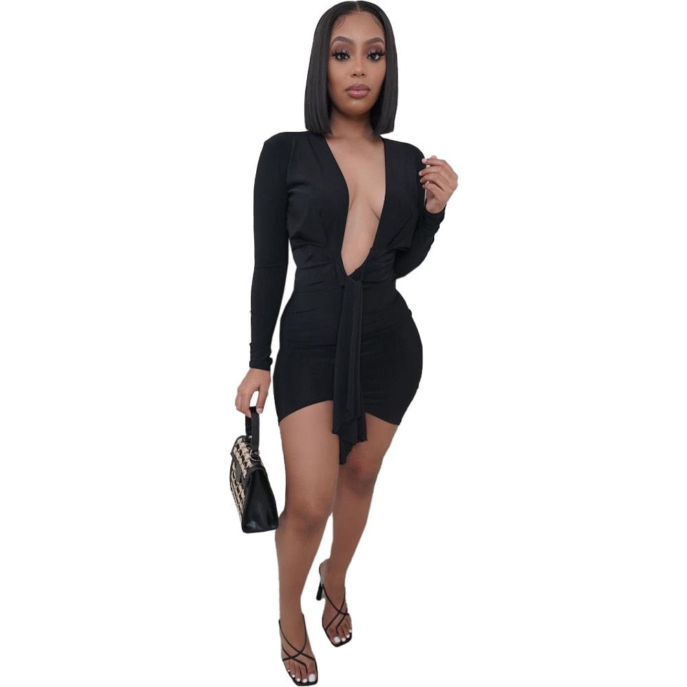ANJAMANOR Sexy Deep V Neck Long Sleeve Dresses for Women 2021 Black White Bodycon Mini Dress Night Club Outfits D21-CE22