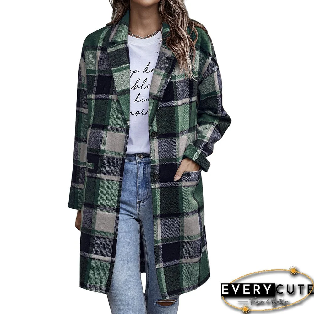 Dark Green Plaid Print Long Style Pocket Blazer Coat