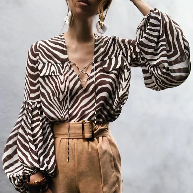 Women Zebra Print V-neck Blouse