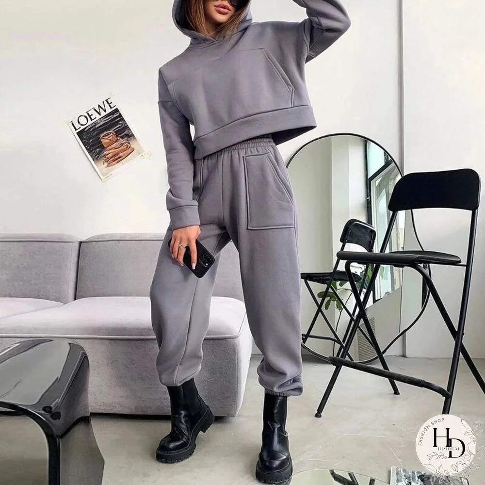 Autumn Long Sleeved Solid Chunky Tracksuit Women Hoodie Top + Elastic Waist Pants Casual Outfit Winter Warm Two Piece Sets