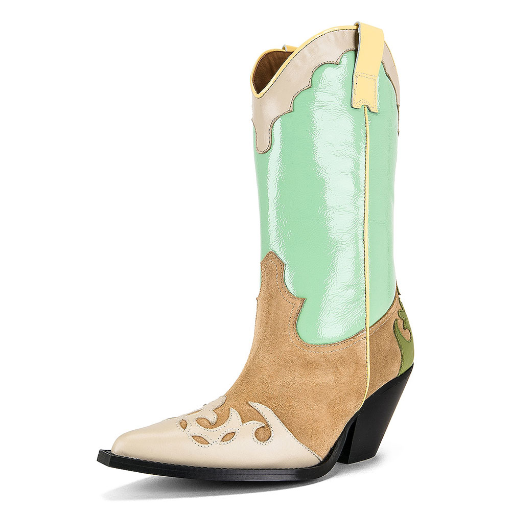 Green & Brown Pointed Toe Patchwork Short Western Boots for Women