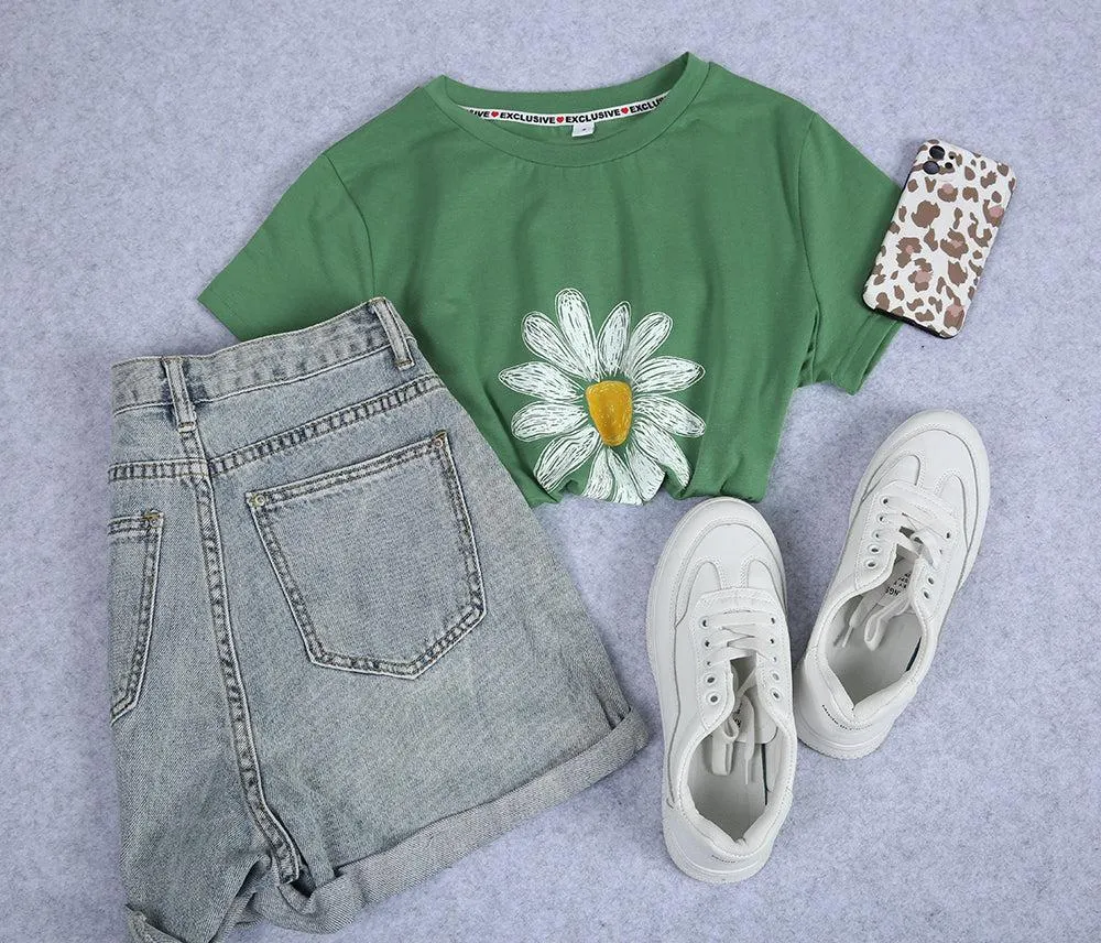 Green Floral Print Round Neck Top