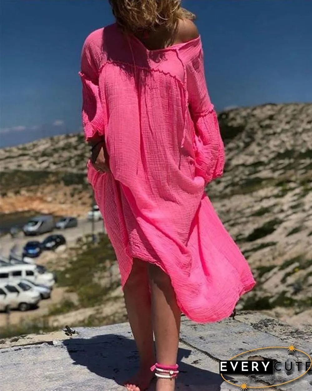 Solid Loose Summer Holiday Daily  Women Fashion Midi Dresses