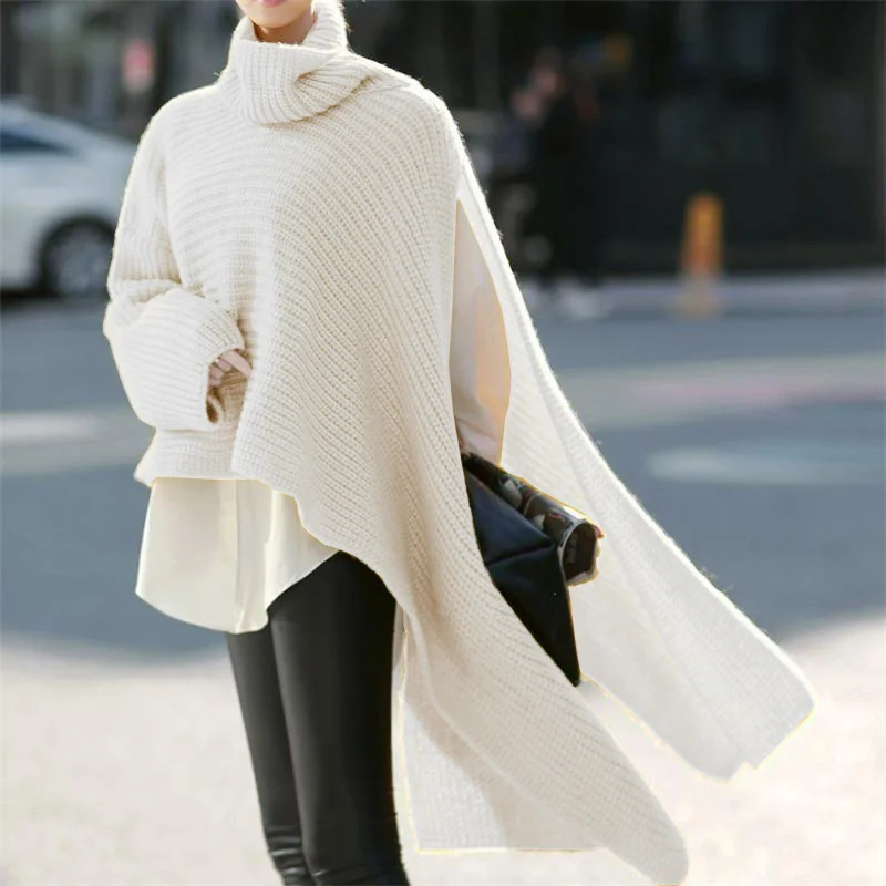 Mongw Mongw Autumn And Winter New Women's Long Sleeve Turtleneck Sweater Knit Jumper Loose Windbreaker