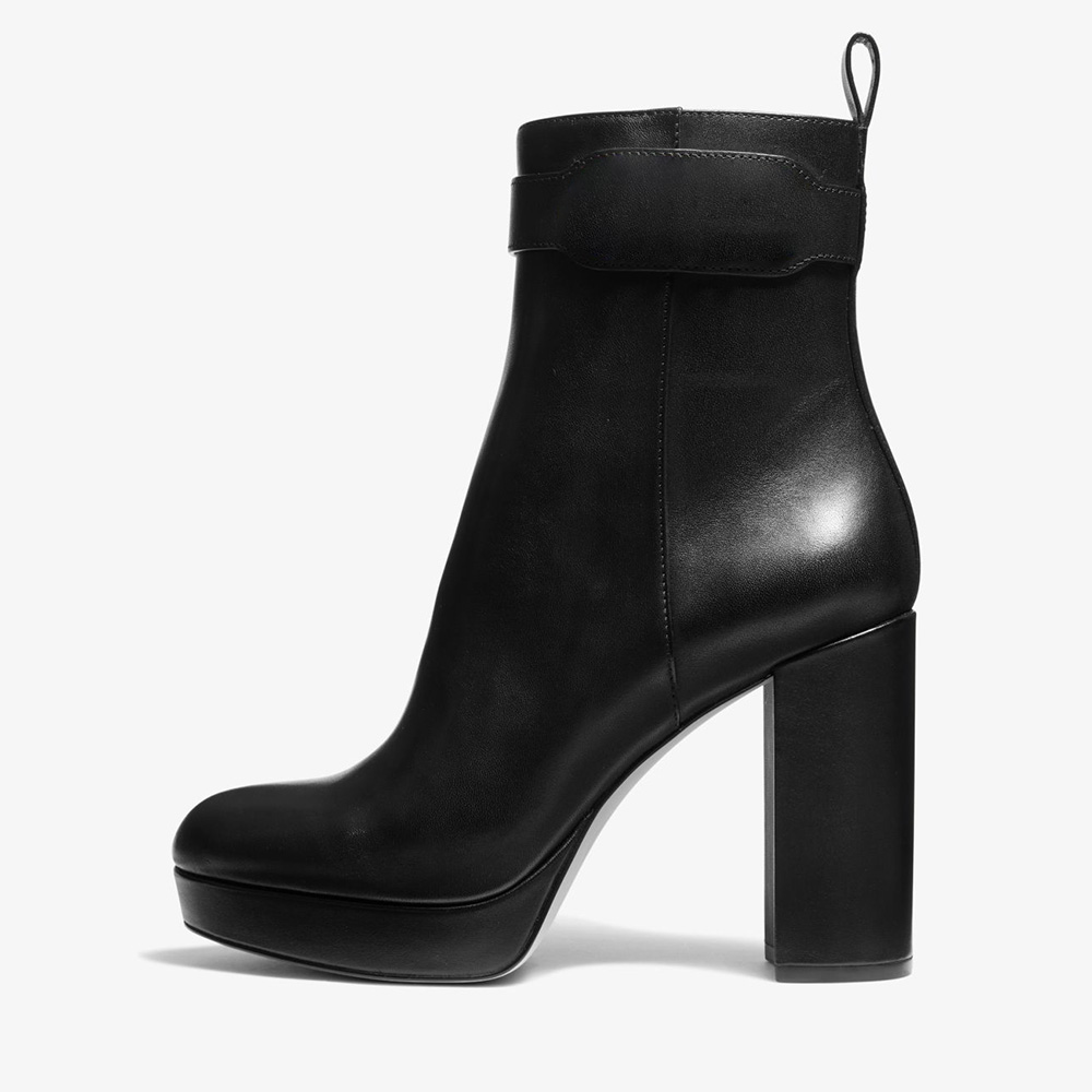 Women's Round Toe Pull Tab Chunky Heel Black Platform Ankle Boots Nicepairs