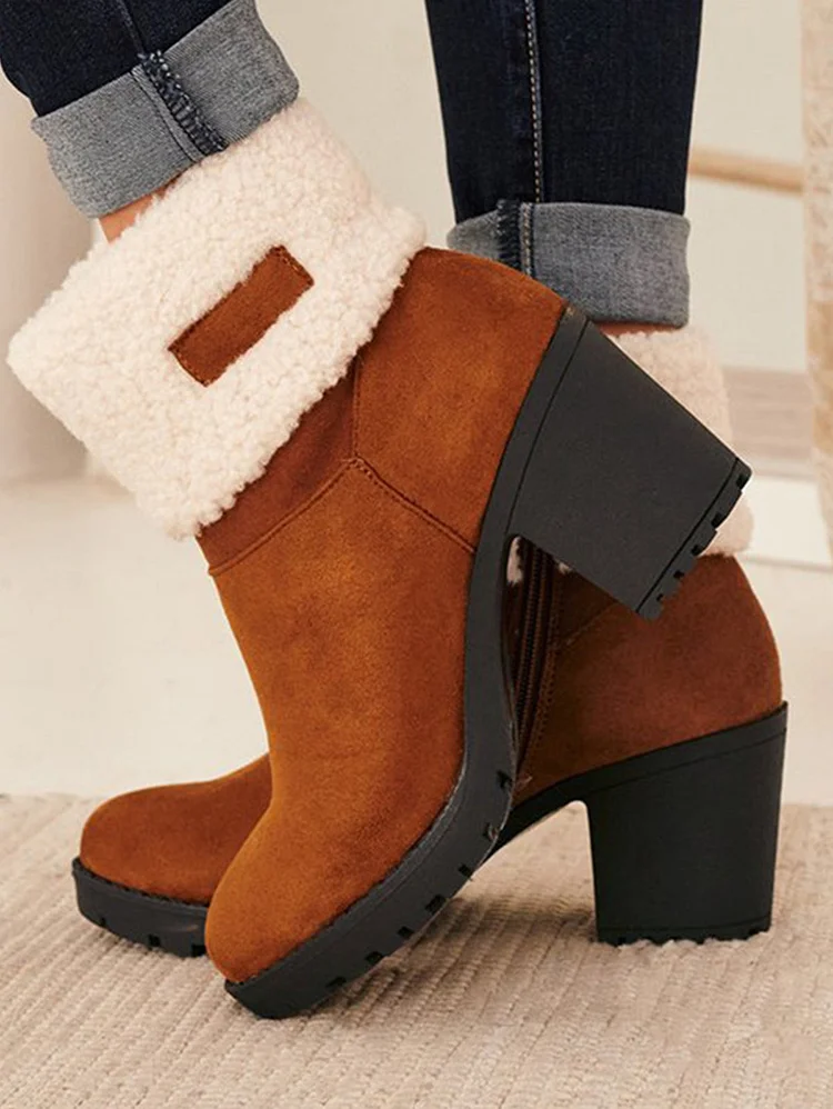 Leopard Pattern Fluffy Zip Side Chunky Heeled Boots