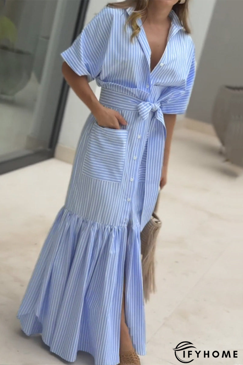 Casual Daily Striped Print Pocket Lace Up Shirt Short Sleeve Dress | IFYHOME