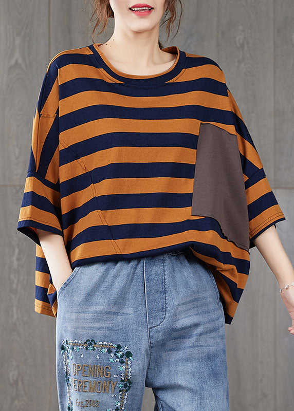 VCSHOES Orange Striped O Neck Patchwork Cotton T Shirt Top Summer