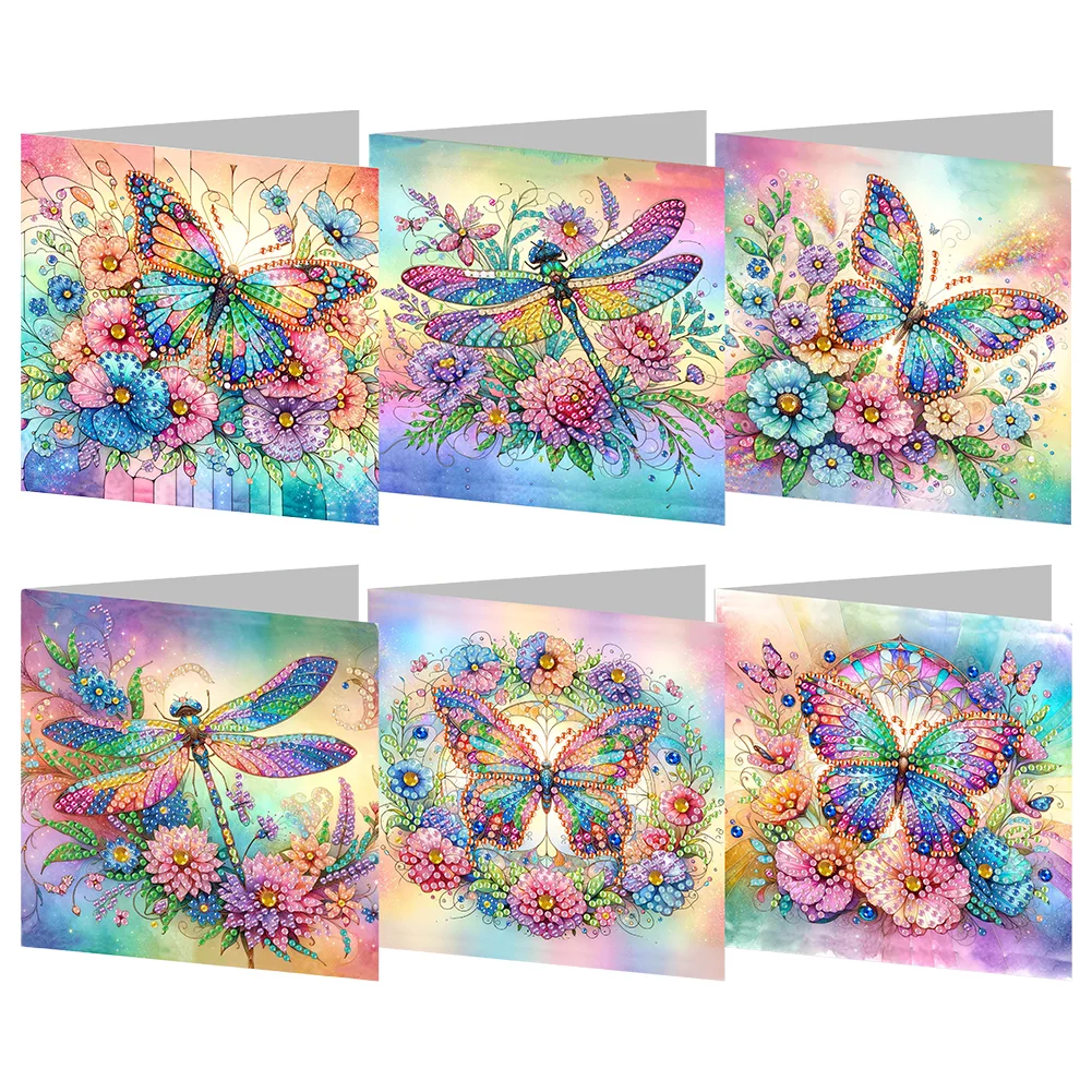 6Pcs Butterfly Dragonfly Flower Diamond Painting Greeting Card Party Favors