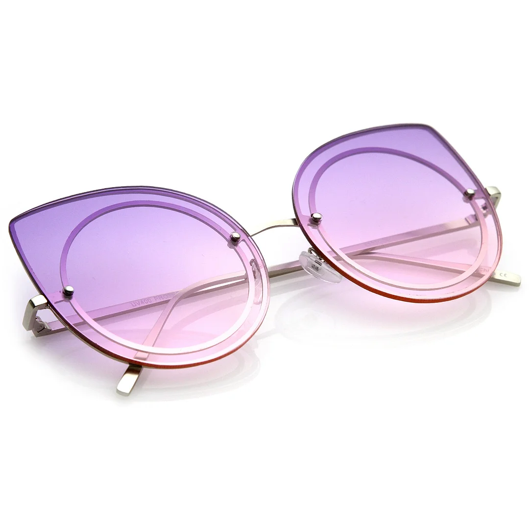 Women's Oversize Rimless Colored Gradient Flat Lens Cat Eye glasses 63mm