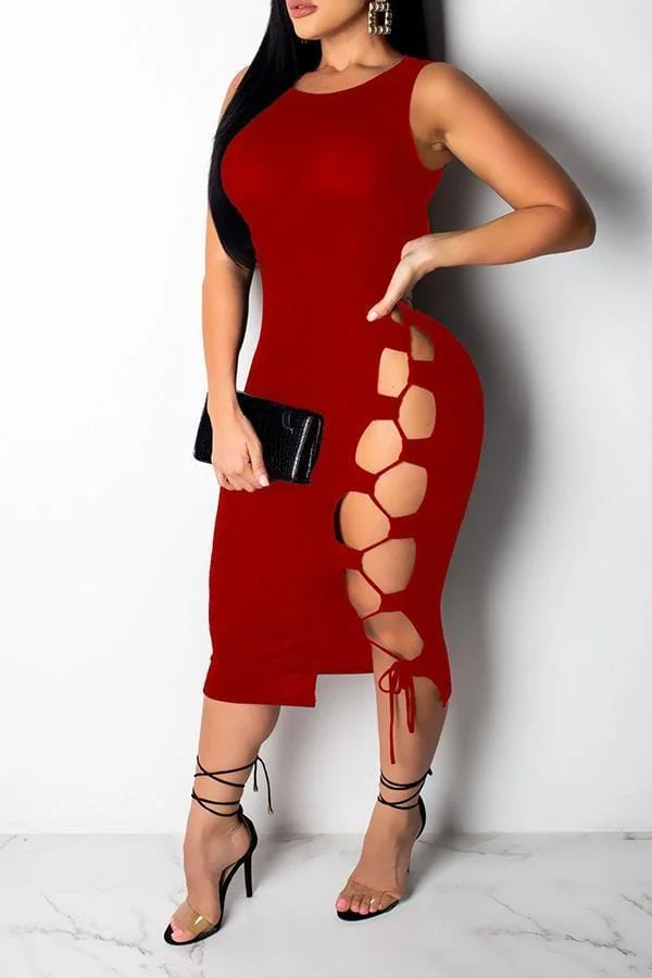 Casual Lace-up Hollow-out  Mid Calf Dress
