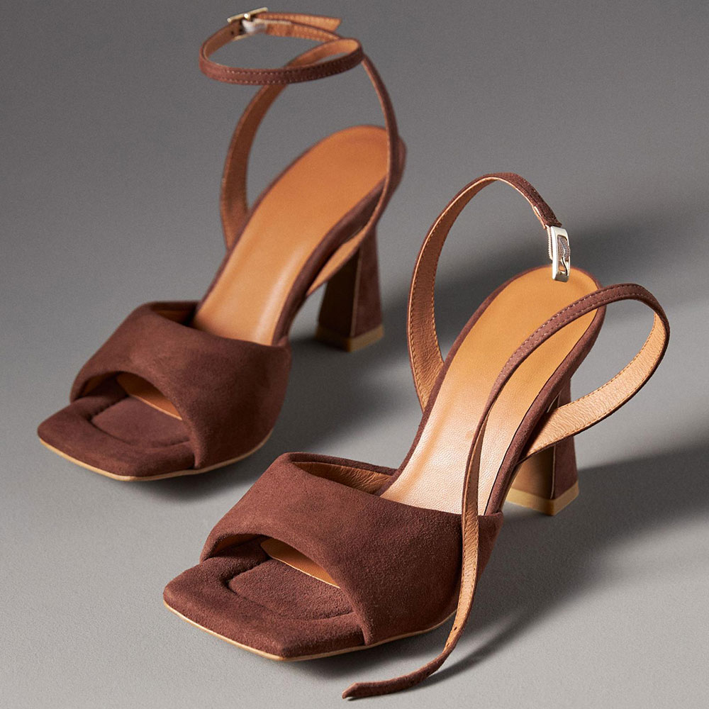 Brown Faux Suede Square Toe Buckle Ankle Strap Women's Heel Sandals Nicepairs