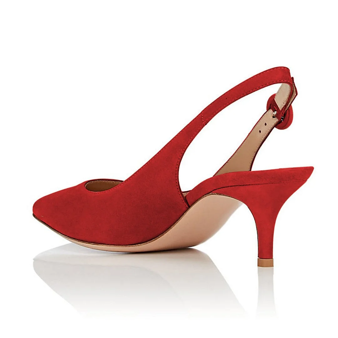 Vegan Suede Pointed Toe Kitten Heel Buckle Slingback Red Pumps