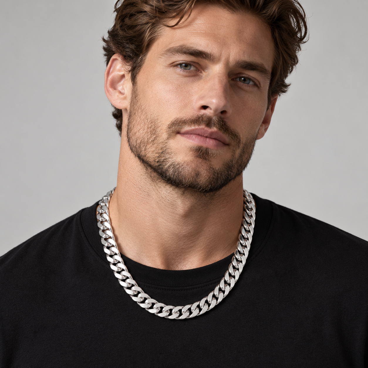 Men&rsquo;s 15mm Silver-Tone Titanium Steel Miami Cuban Link Chain &ndash; Bracelet or Necklace