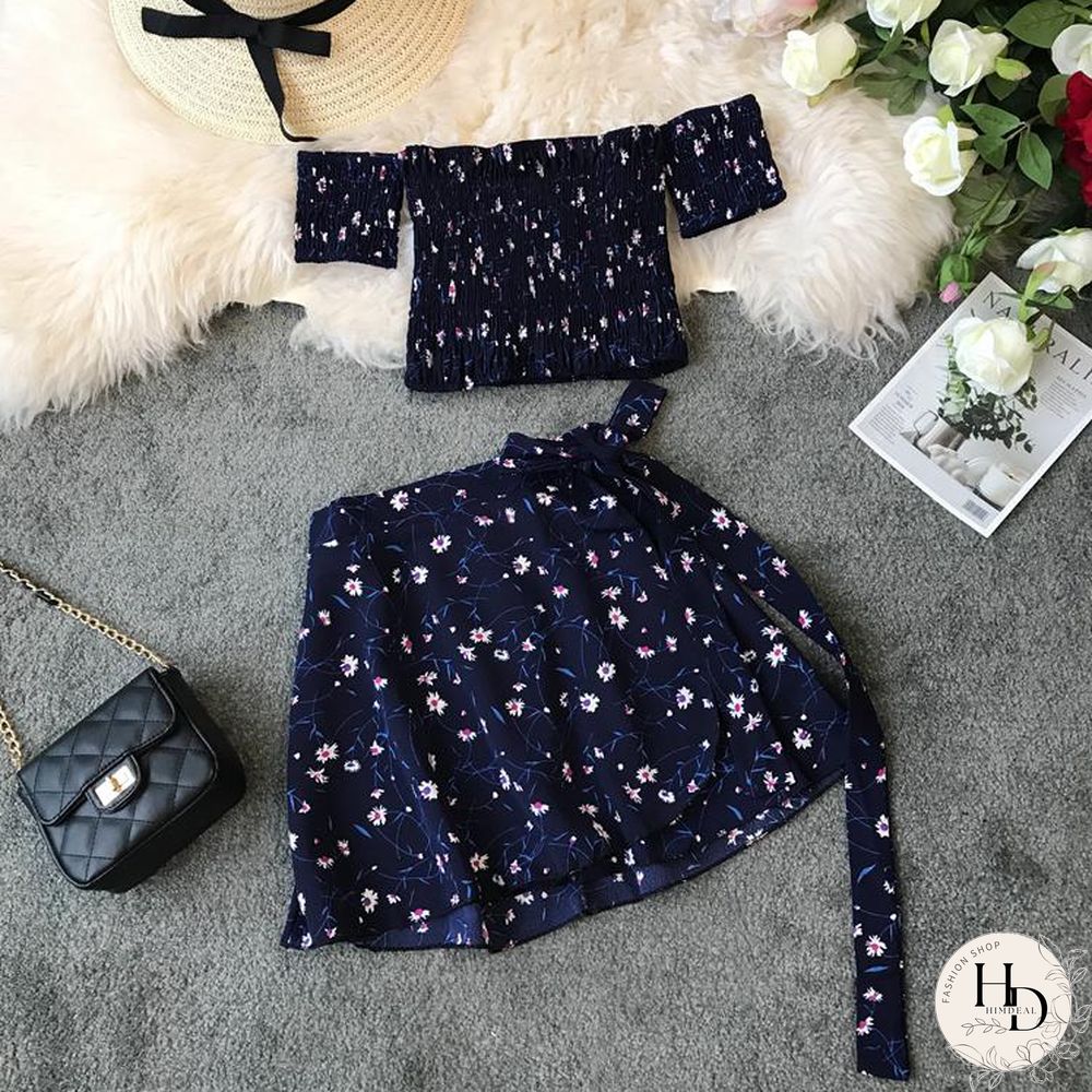 Two Piece Set Womens Sexy Summer Crop Top And Mini Skirt Off Shoulder Elastic Print Floral