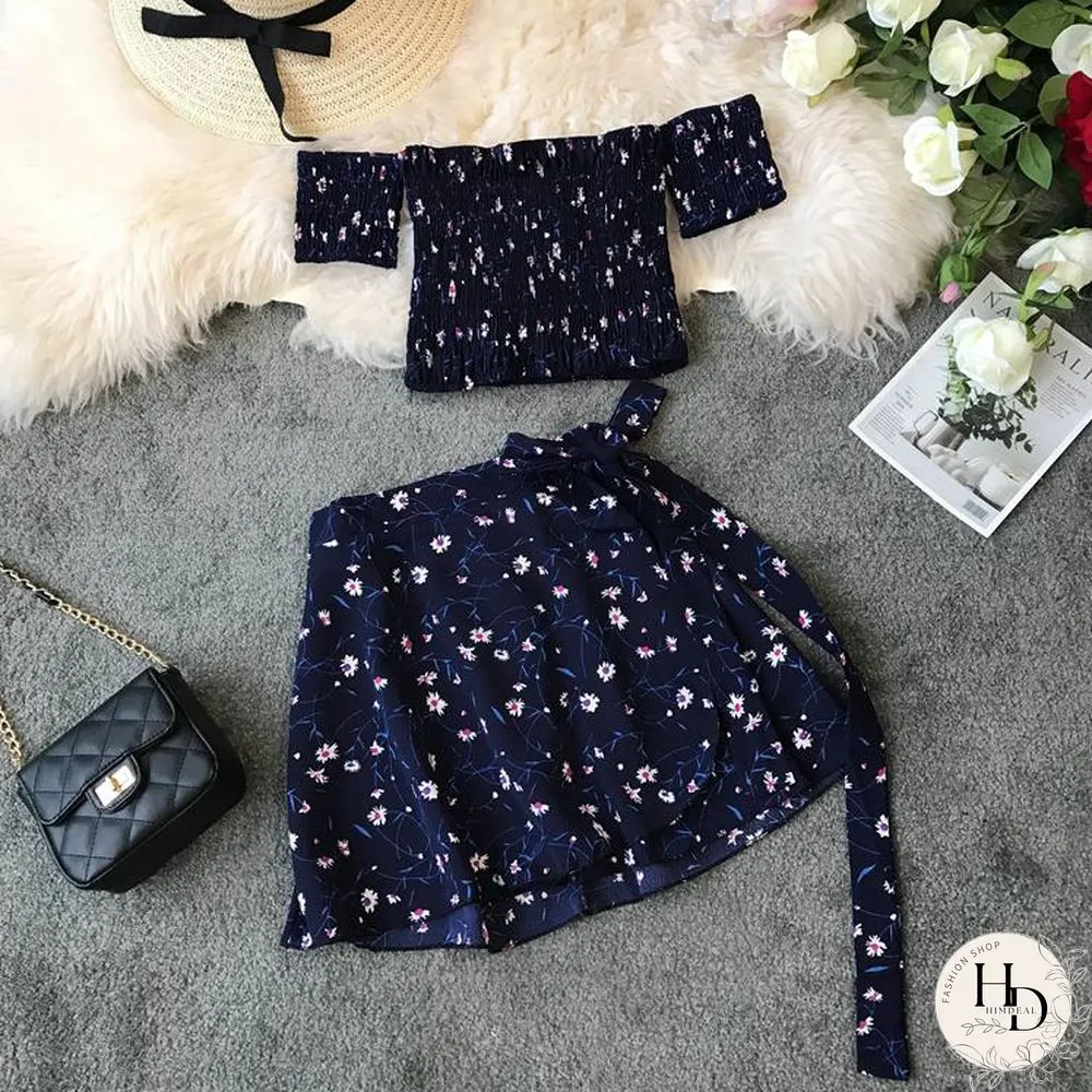 Two Piece Set Womens Sexy Summer Crop Top And Mini Skirt Off Shoulder Elastic Print Floral