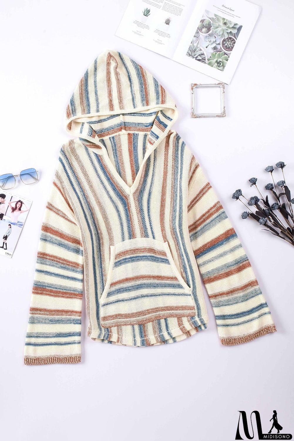 MidiSono - color Striped Knit Kangaroo Pocket Hooded Sweater