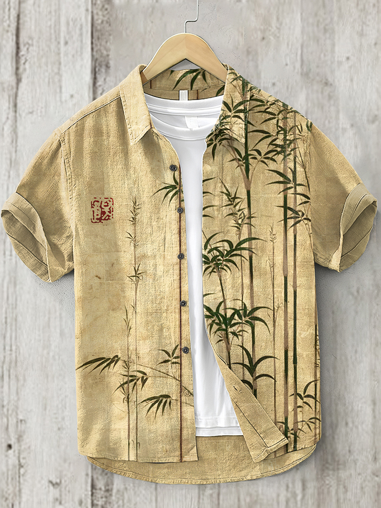 Comstylish Vintage Bamboo Japanese Art  Short Sleeve Linen Blend Shirt