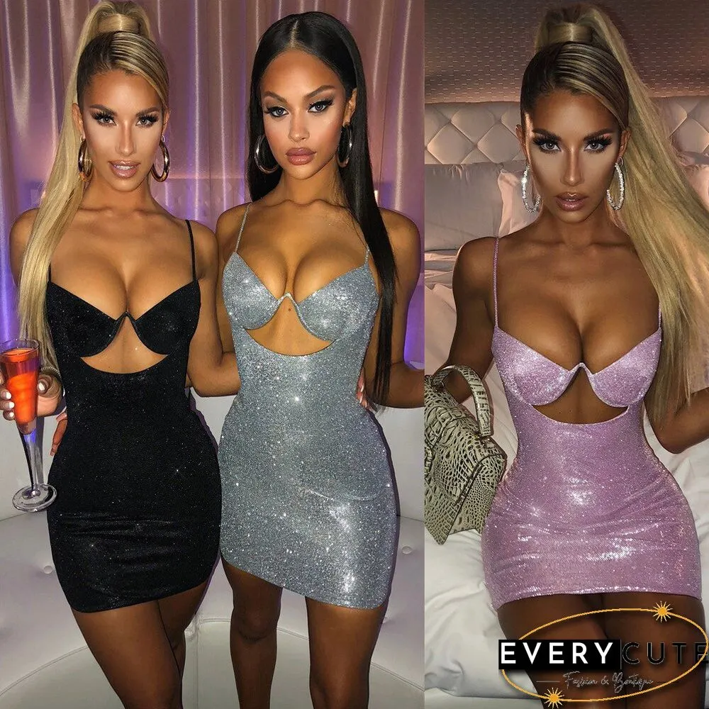 Summer Sexy Sequins Sling Hollow Out Dress Women Sleeveless Backless High Waist Bodycon