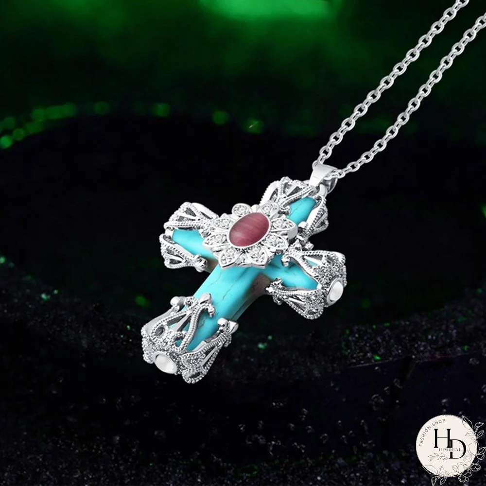 Turquoise Necklace, Cathedral Cross Necklace, Cross Pendant, Turquoise Jewelry, Faith Necklace, Religious Jewelry
