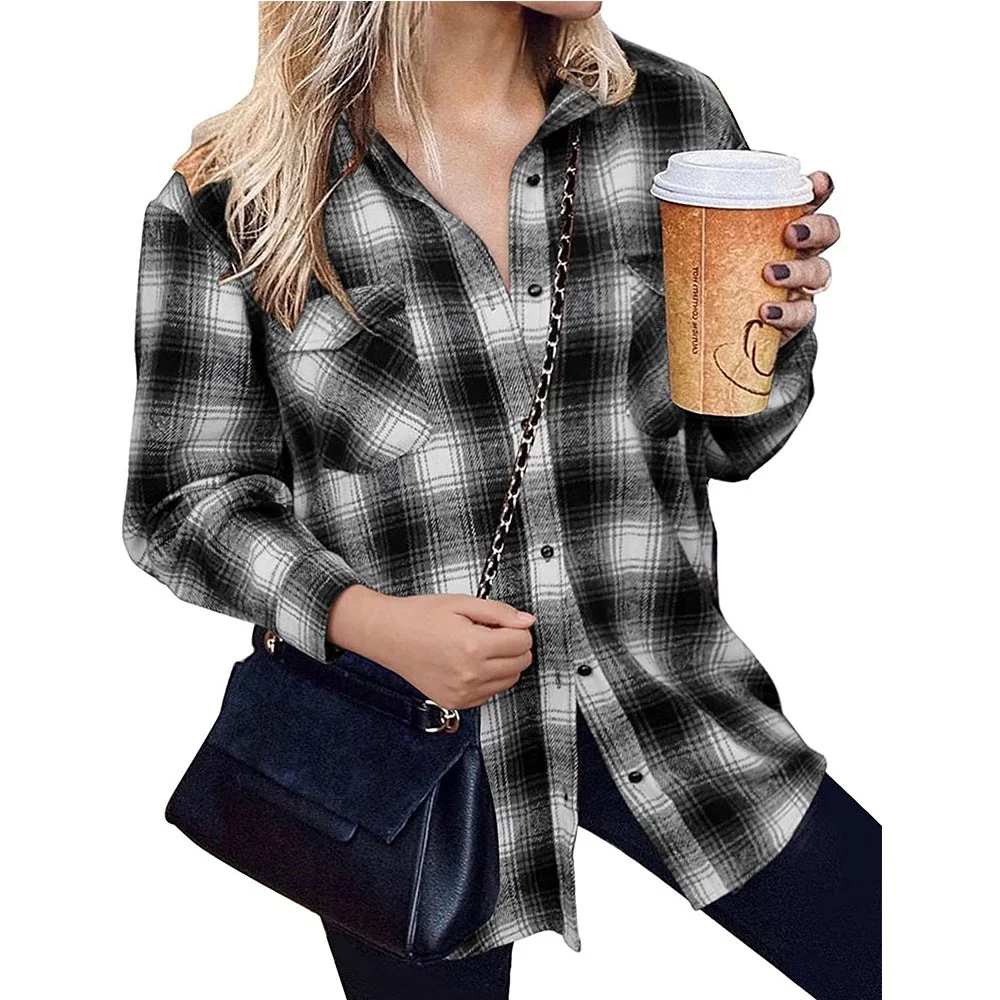 Women's Plaid Lapel Jacket Shirt Casual Buttoned Cardigan