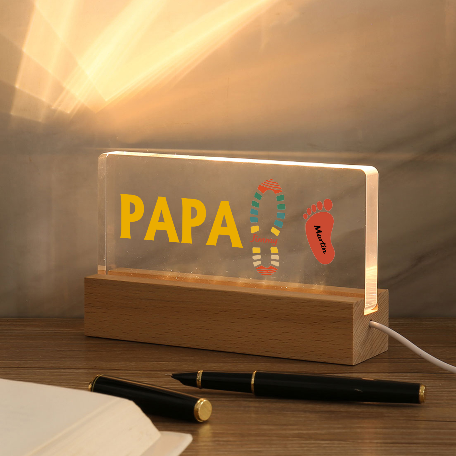À mon Papa/Papi- Lampe de chevet LED Pieds Bébé 2 Prénoms Personnalisés avec Texte