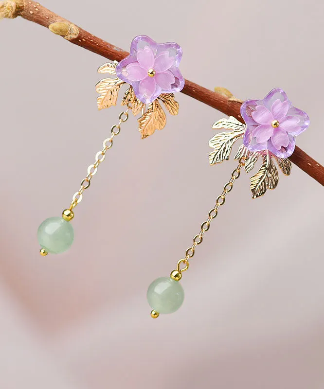 Chic Pink Sun Flower Crystal Fine Jade 14K Gold Tassel Drop Earrings