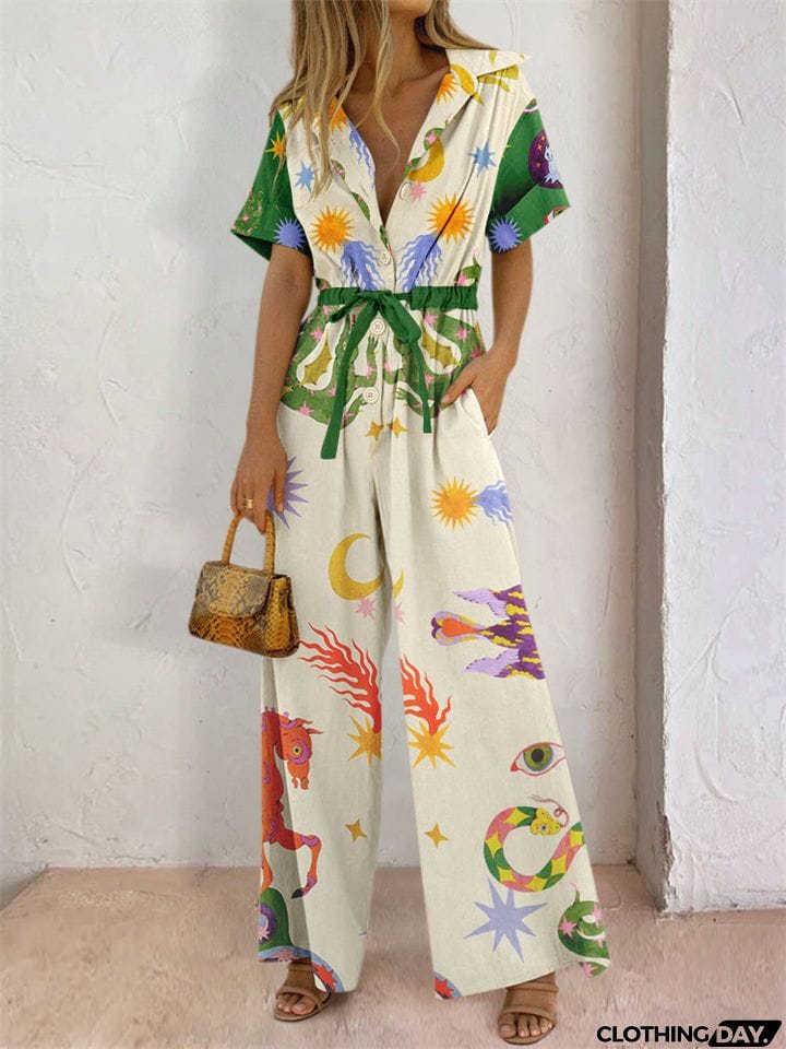 Women's Cozy Linen Print Lapel Half Sleeve Drawstring Jumpsuit