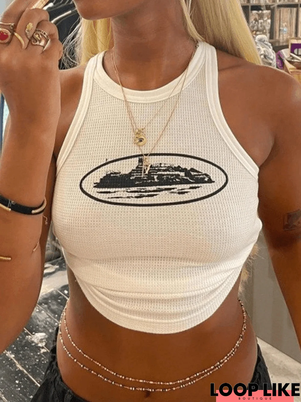 Waffle Landmark Cropped Tank Top