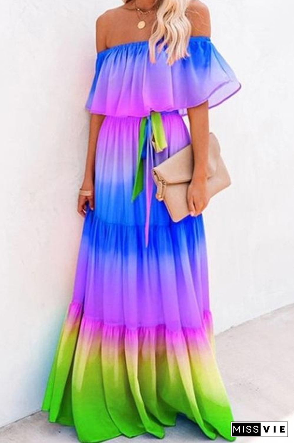 Gradient Off Shoulder Belted Maxi Dress