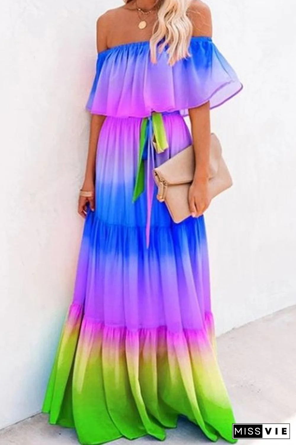 Gradient Off Shoulder Belted Maxi Dress