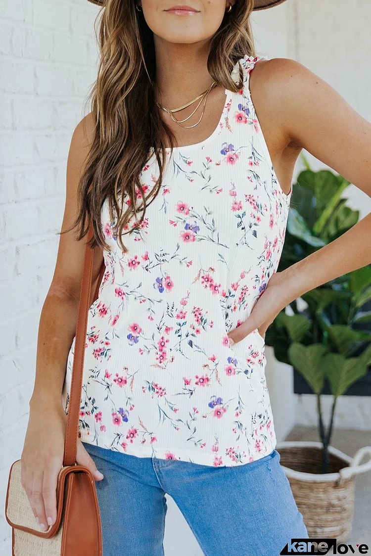 Ruffle Straps Floral Rib Knit Tank Top