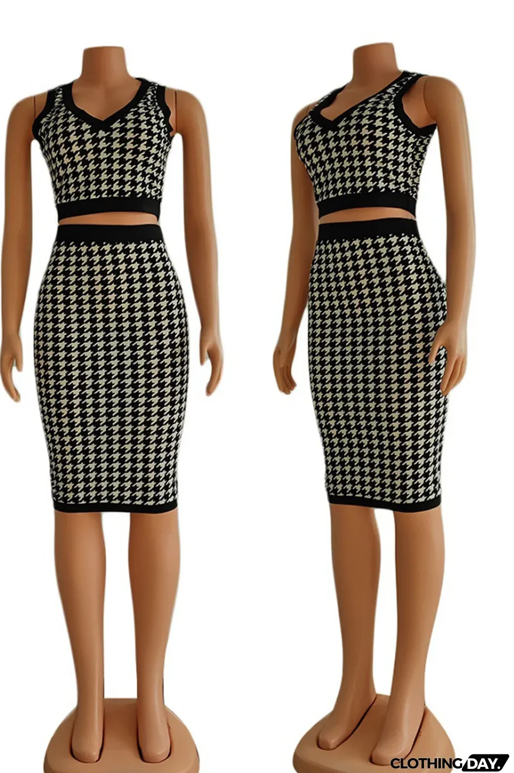 Black Casual Print Patchwork V Neck Sleeveless Two Pieces