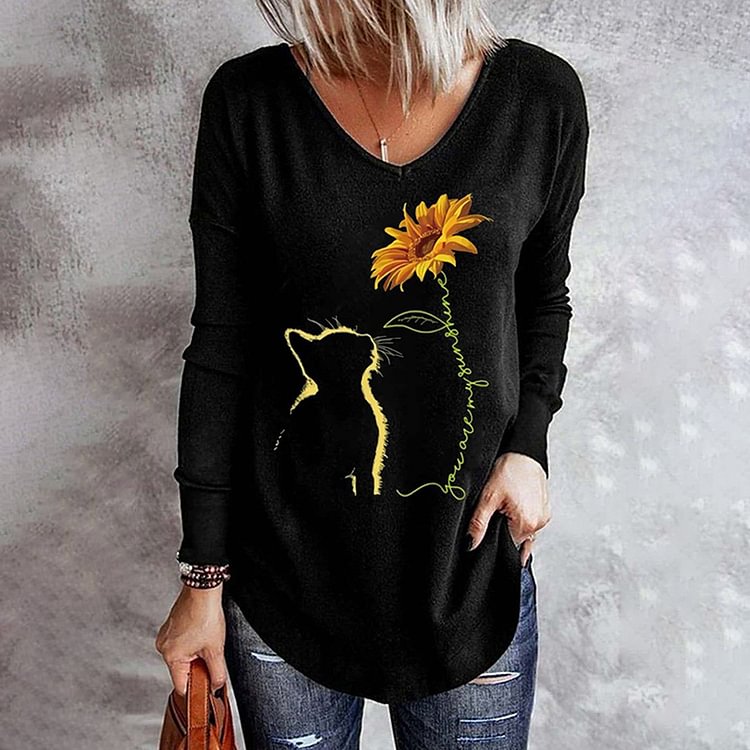 Vefave Casual Cat Sunflower Print Long Sleeve T-Shirt