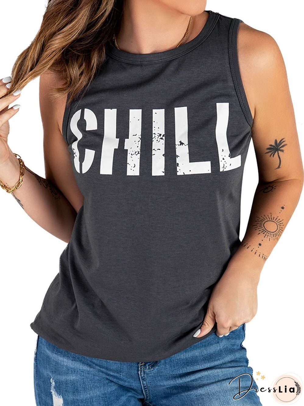 Loose Fit Women'S Slogan Printed Sleeveless Top