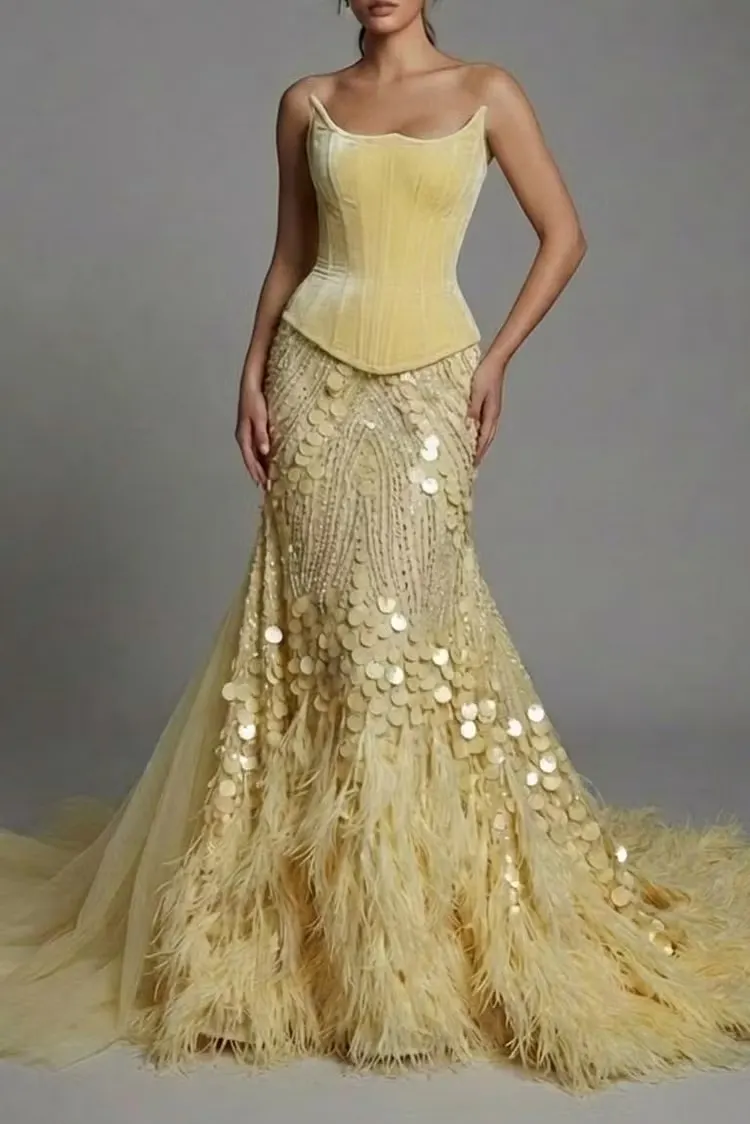 Lussooy Stunning Velvet Chiffon Daffodil Sleeveless Strapless Long Evening Dress with Feather