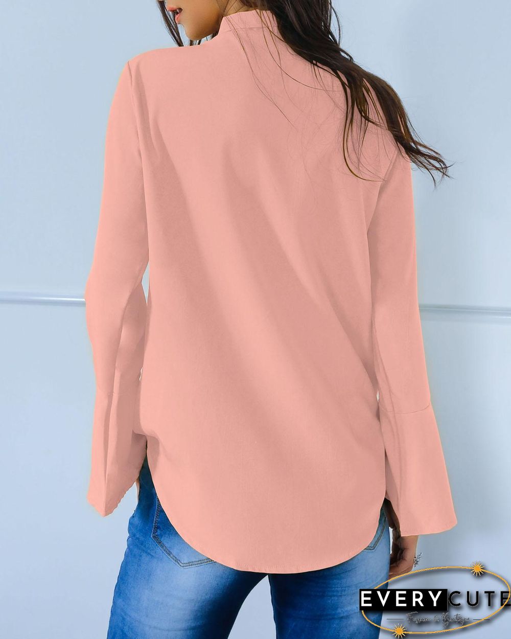 Stylish Solid Tie Neck Flared Sleeve Blouse P15682