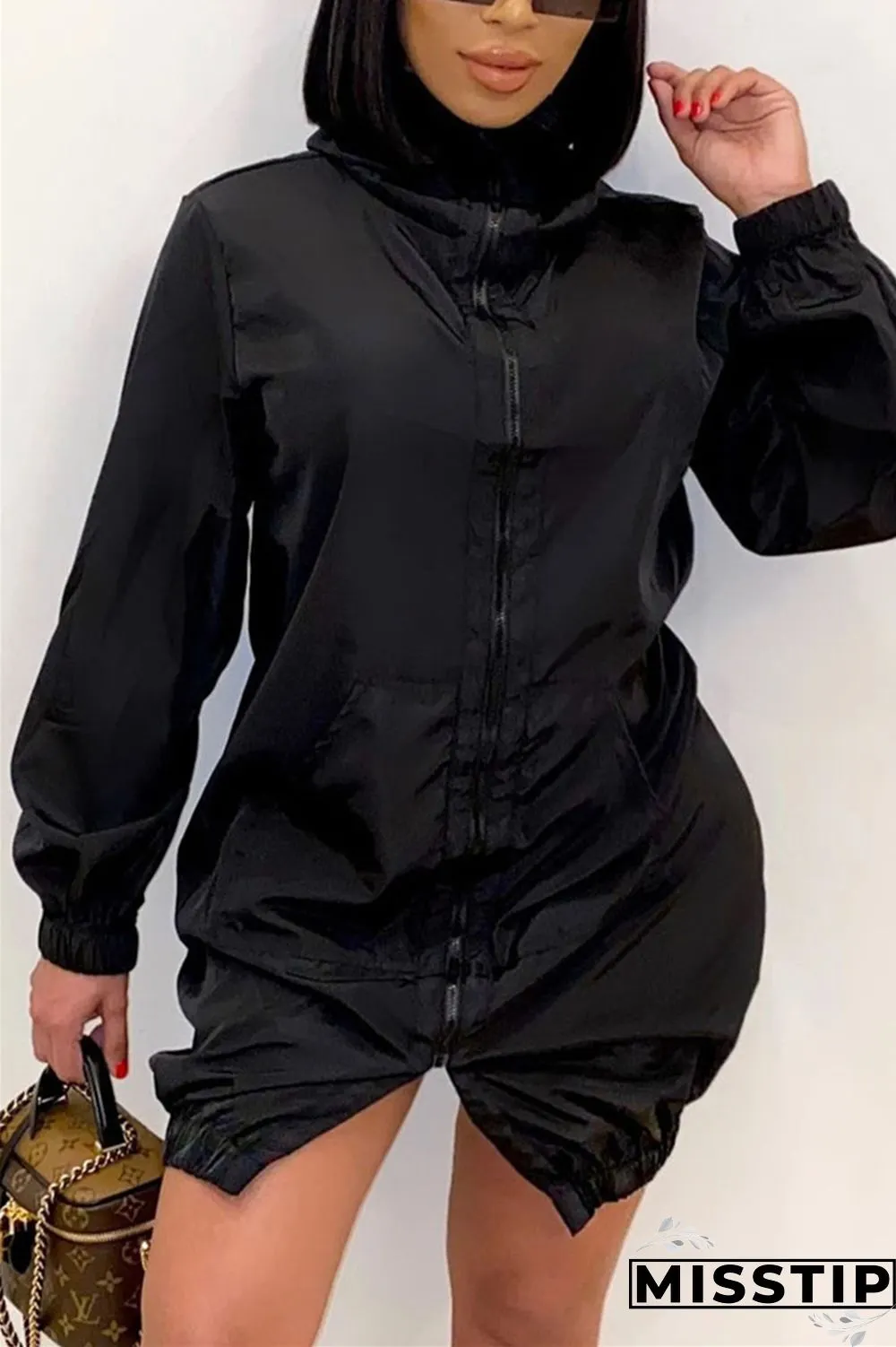 Orange Casual Solid Patchwork Pocket Zipper Collar Long Sleeve A Line Dresses