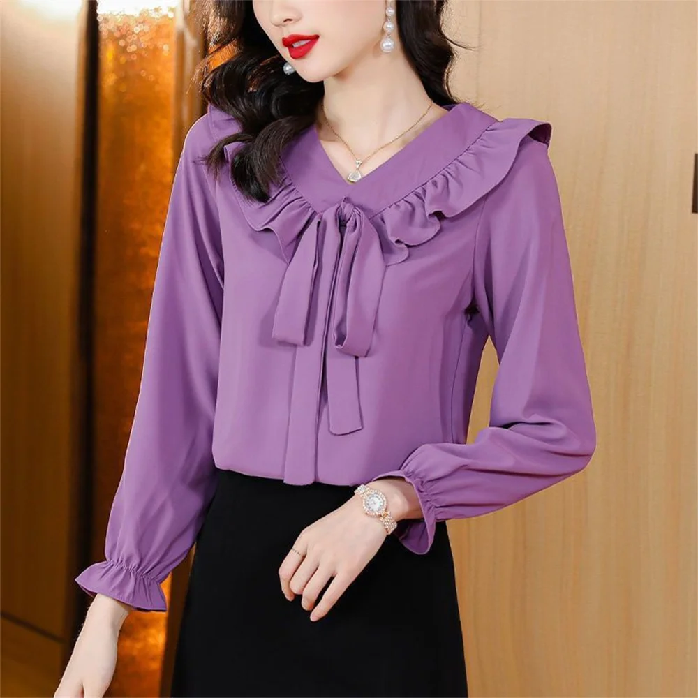 Ballifyex New Spring Korean Style Fashion Ruffled Blouse Pink Solid Chiffon Tops 2025 Elegant Bow Women Oversized Long Sleeve V Neck Shirt