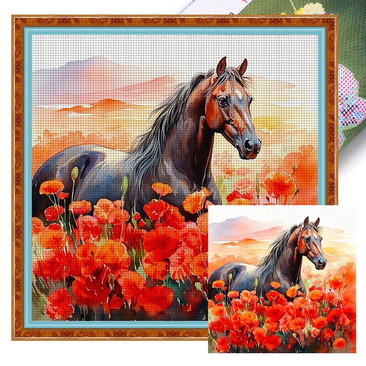 【Huacan Brand】Poppy And Horse 11CT Stamped Cross Stitch 40*40CM