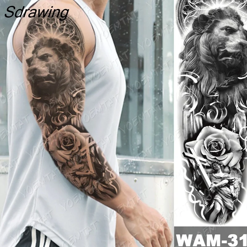 Sdrawing Arm Sleeve Tattoo Japanese Wave Waterproof Temporary Tattoo Sticker Lily Peacock Men Full Tiger Fox Tatoo Body Art Women